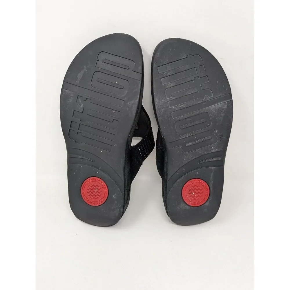 FitFlop Womens Size 7 Lulu Crystal Embellished Sandal Wedge‎ Black Thong 301-122